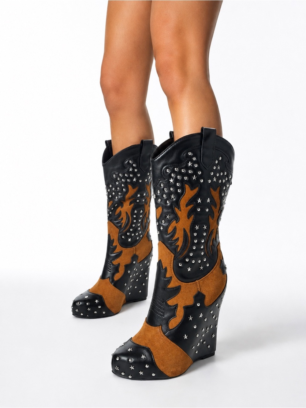 Azalea Wang Callia Black Multi Studded Western Wedge Boots NWT
